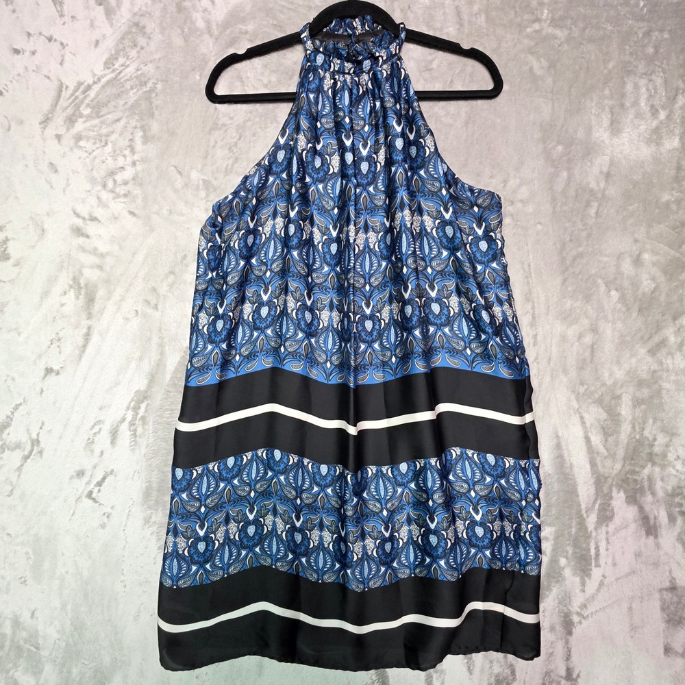 Zara Basic Women Blue Black Paisley Medallion Halter Neck Shift Dress Size M